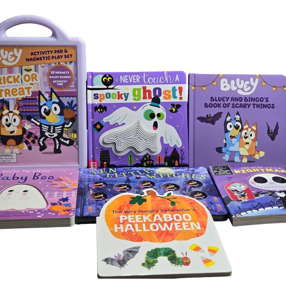 Children's Halloween Book Lot Bluey Magnetic Play Set Eric Carle Nightmare 7pc